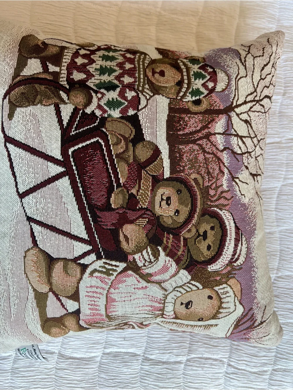 Holiday Teddy Bear Family Decorative Throw Pillow - Cream, Brown, Pink